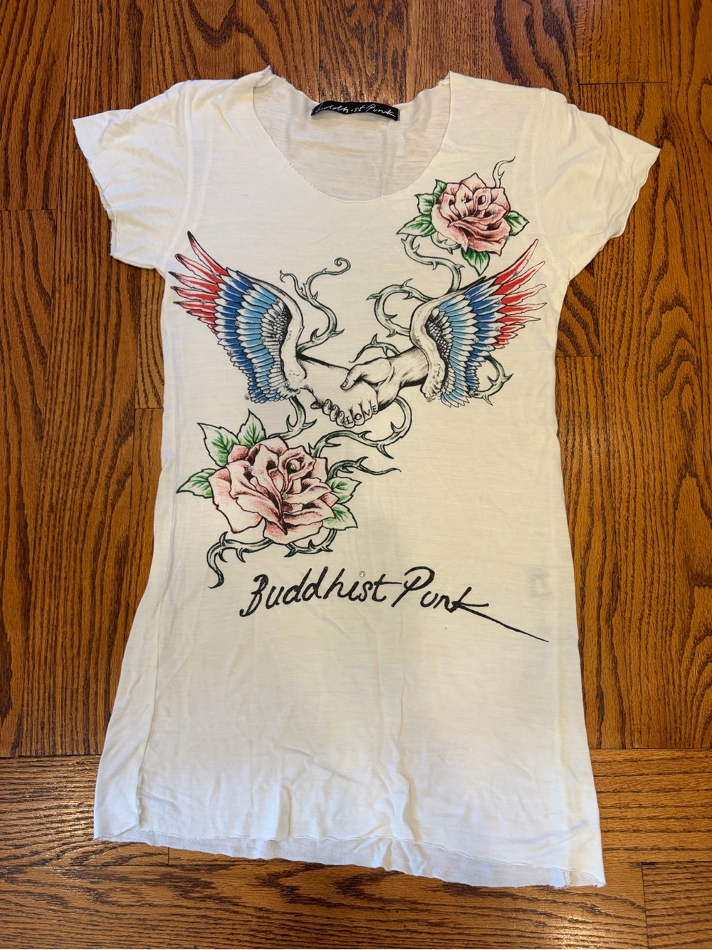 Buddhist Punk Women's White Short-Sleeve Graphic Tee w/Wing & Rose Artwork VTG
